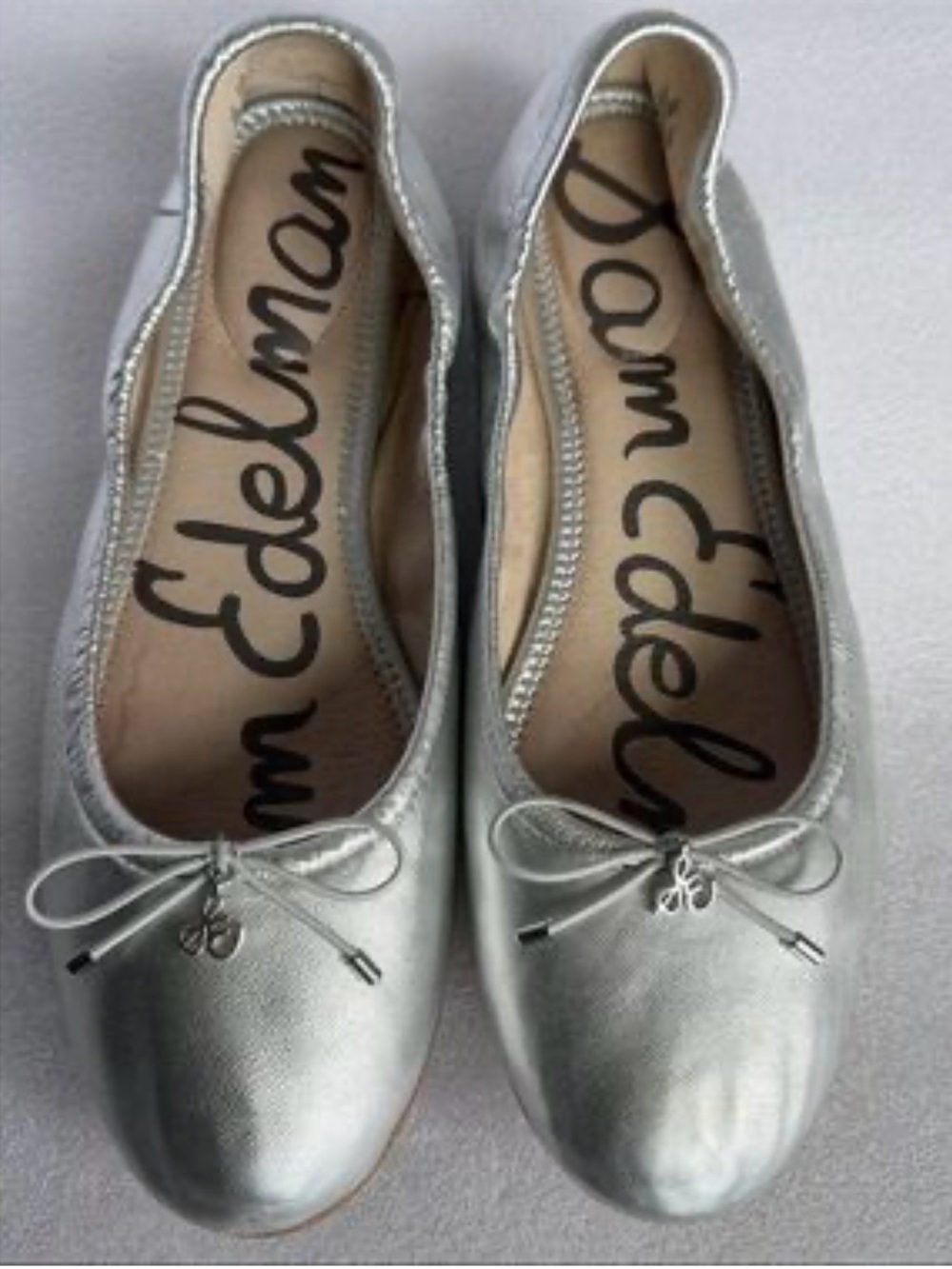 Sam Edelman Metallic Silver Leather Ballet Flats with Bow Charm